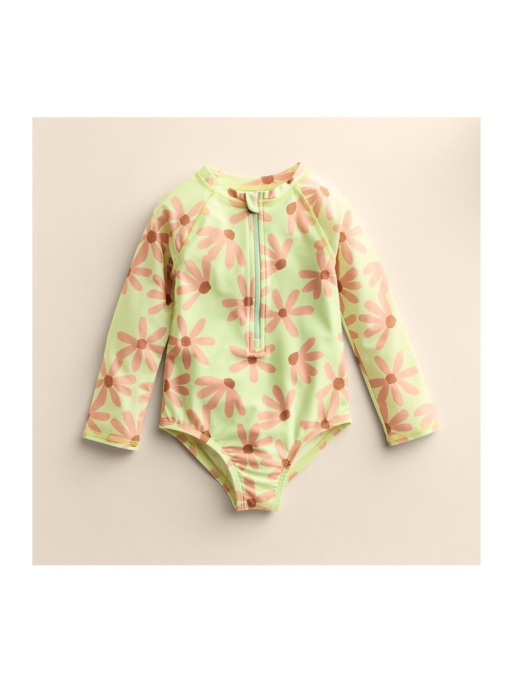 Little Co. 3T Girls' Long-Sleeve Floral Rashguard Swimsuit - Light Green/Pink